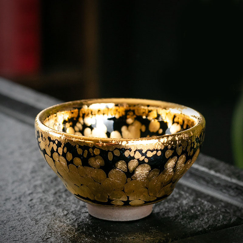 Nimara Ritual 24K Gold Spot Pattern Chinese Jianzhan Ceramic Teacup Kung Fu Tea Cup Bowl With Gift Box