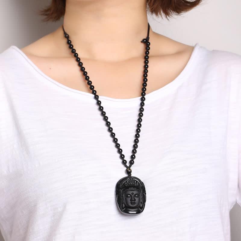 Nimara Ritual Natural Black Obsidian Kwan Yin Avalokitesvara Strength String Necklace Pendant