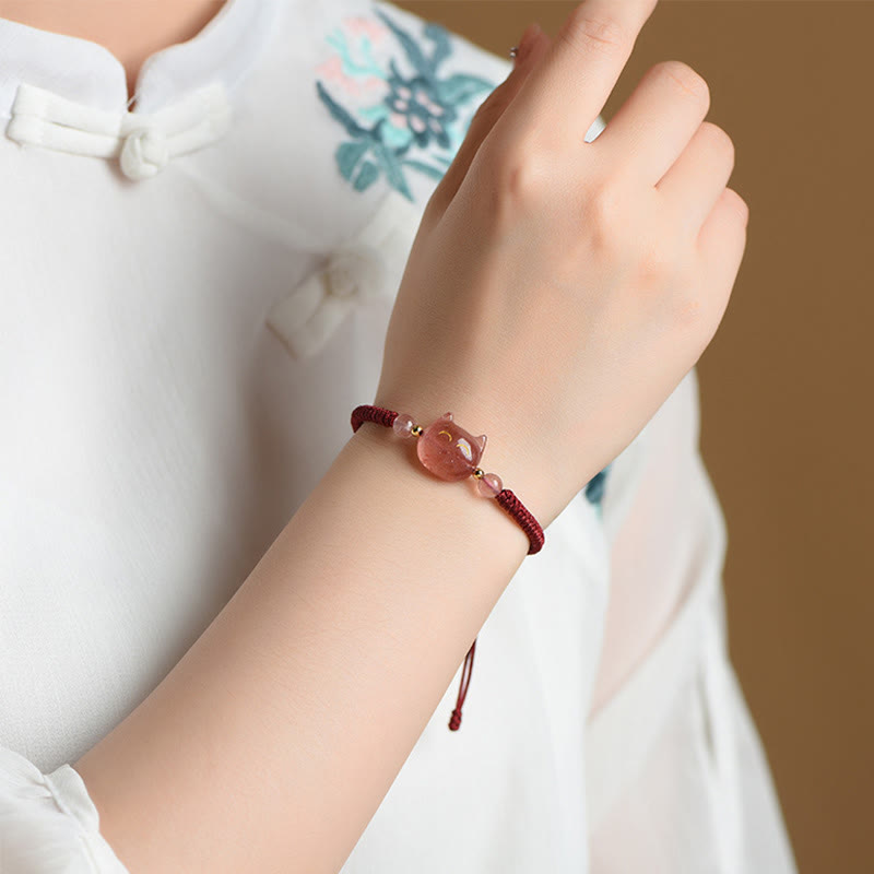 Nimara Ritual Handmade Natural Silver Sheen Obsidian Strawberry Quartz Cute Cat Protection Braided Bracelet