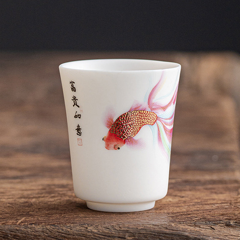 Nimara Ritual Koi Fish White Porcelain Ceramic Teacup Kung Fu Tea Cup