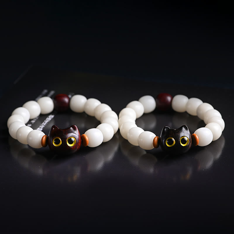 Nimara Ritual Natural Bodhi Seed Small Leaf Red Sandalwood Ebony Wood Cute Lucky Cat Wisdom Bracelet