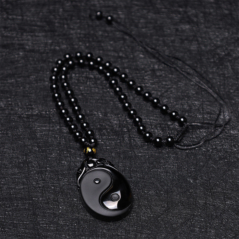 Nimara Ritual Natural Black Obsidian Yin Yang Fulfilment Strength Necklace Pendant