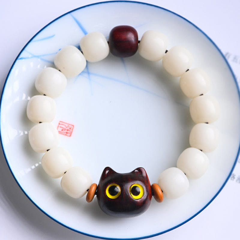 Nimara Ritual Natural Bodhi Seed Small Leaf Red Sandalwood Ebony Wood Cute Lucky Cat Wisdom Bracelet