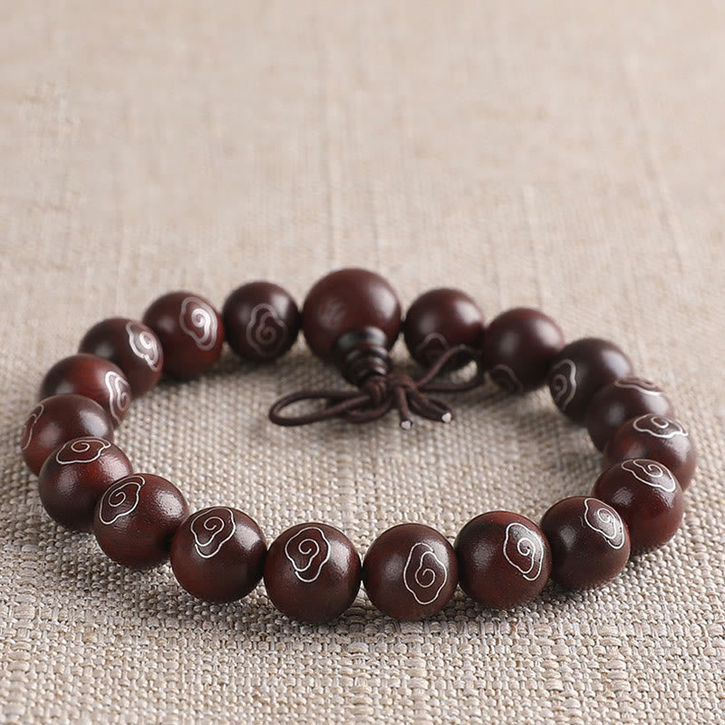 Nimara Ritual 925 Sterling Silver Inlaid Small Leaf Red Sandalwood Om Mani Padme Hum Character Auspicious Clouds Protection Bracelet