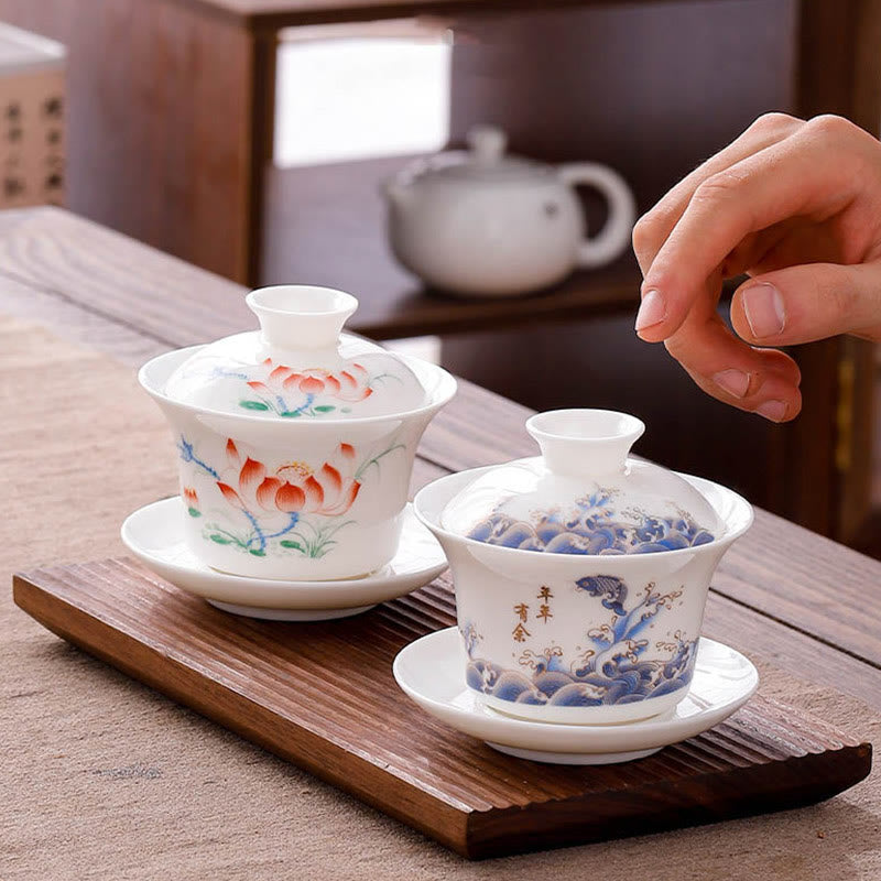 Nimara Ritual White Porcelain Mountain Landscape Countryside Ceramic Gaiwan Teacup Kung Fu Tea Cup And Saucer With Lid