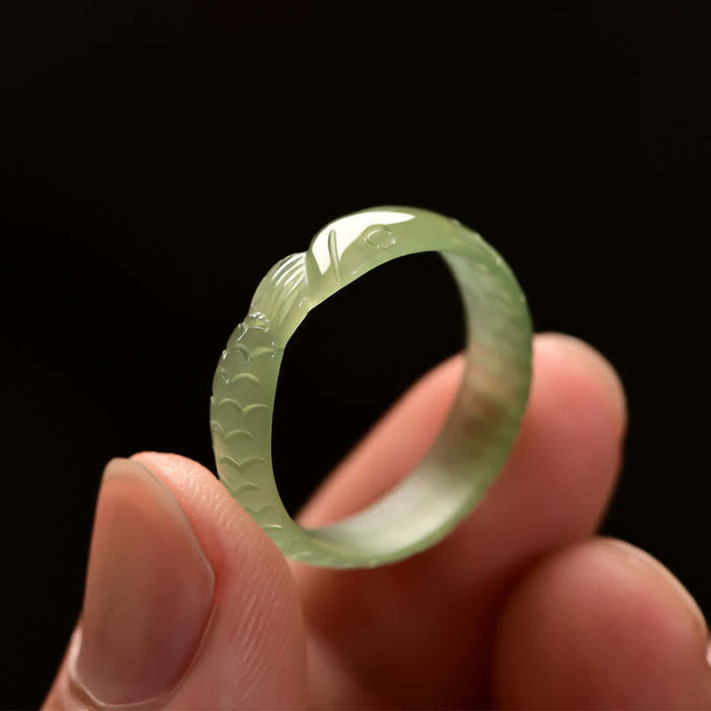 Nimara Ritual Hetian White Jade Cyan Jade Koi Fish Success Luck Ring