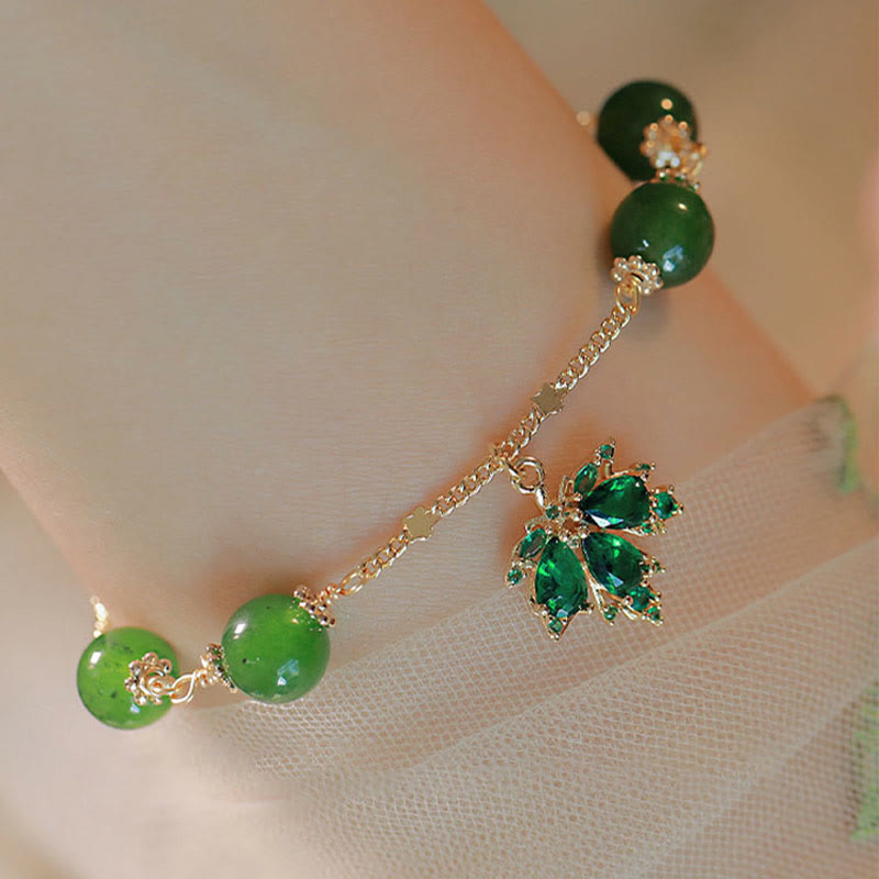 Nimara Ritual 14k Gold Plated Green Chalcedony Maple Leaf Courage Strength Bracelet