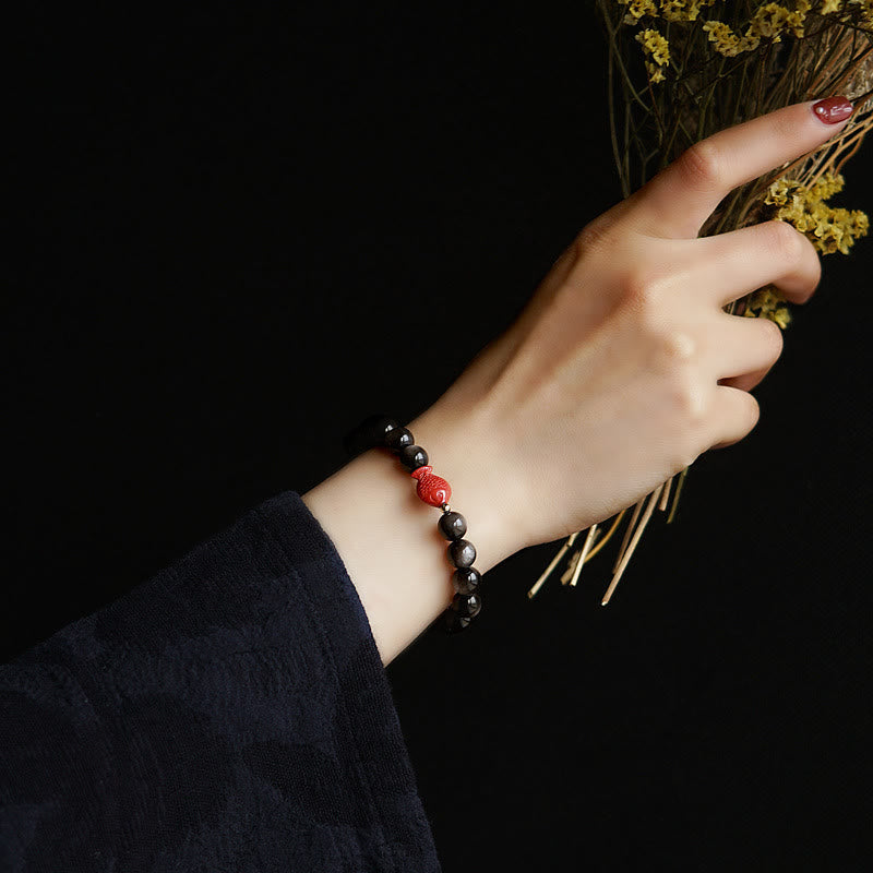 Nimara Ritual Natural Silver Sheen Obsidian Cinnabar Koi Fish Soothing Protection Bracelet