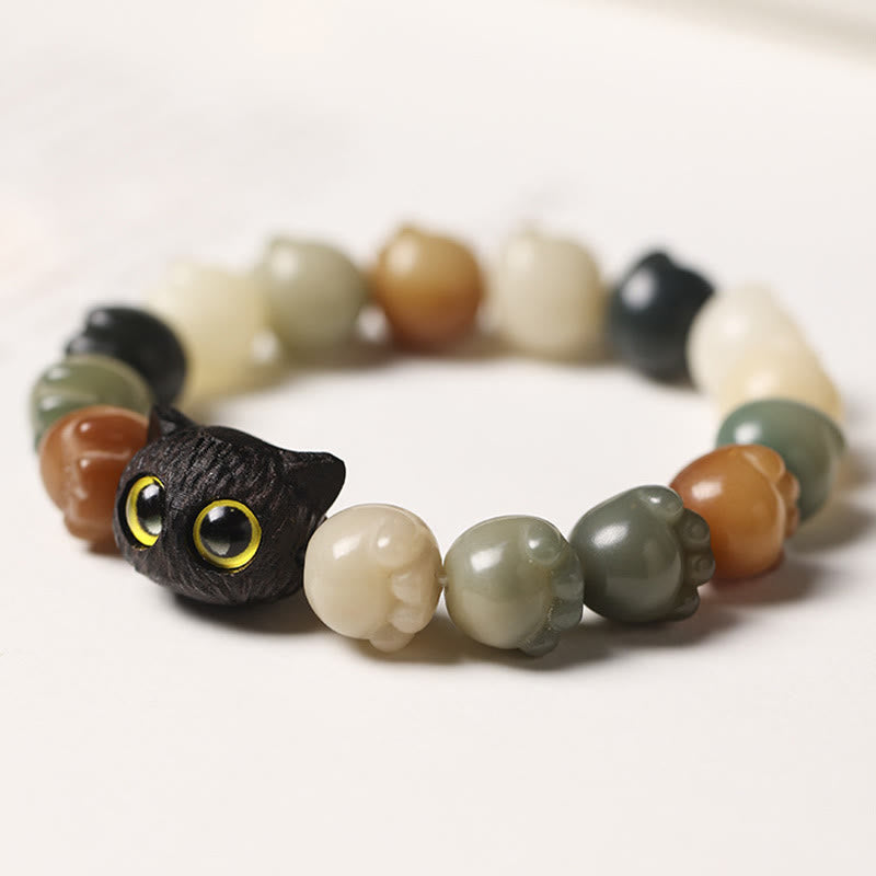 Nimara Ritual Natural Bodhi Seed Lovely Paw Ebony Wood Lucky Cat Wisdom Bracelet