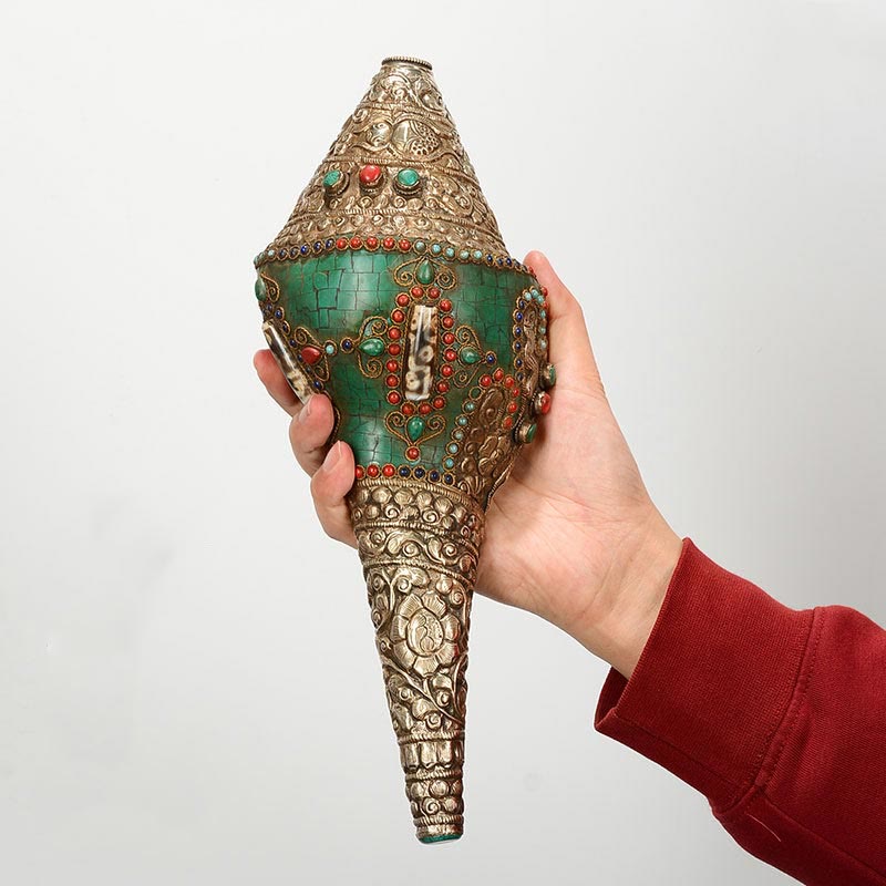 Nimara Ritual Tibetan Handmade Engraved Shankha Double Dorje Buddha Conch Shell Wealth Positive Decoration