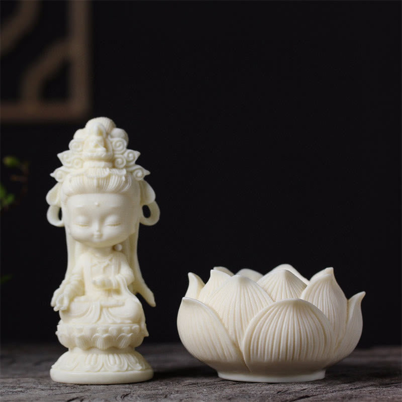 Nimara Ritual Mini Ivory Fruit Kwan Yin Avalokitesvara Lotus Wealth Desk Decoration