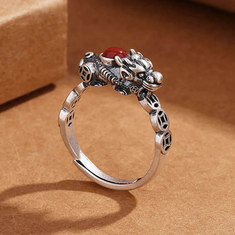 Nimara Ritual PiXiu Copper Coin Red Agate Wealth Luck Ring
