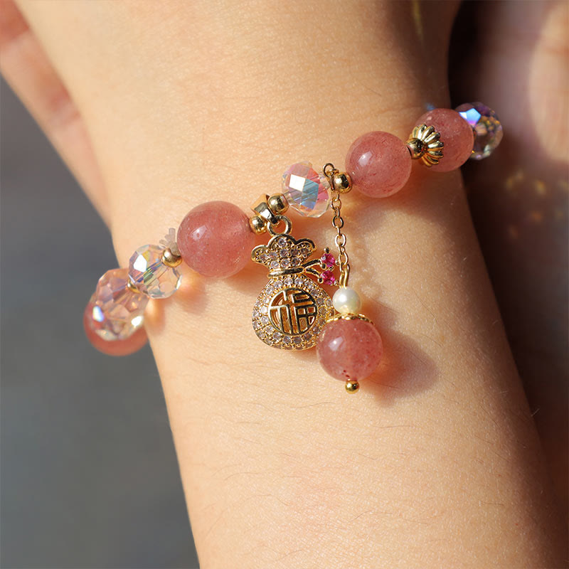 Love Healing Natural Strawberry Quartz Money Bag Charm Positive Bracelet
