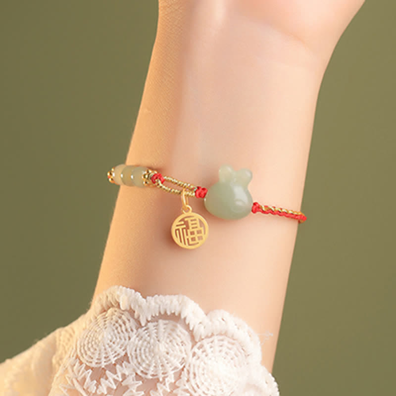 Nimara Ritual 925 Sterling Silver Year of the Rabbit Hetian Jade Happiness Luck Red String Bracelet