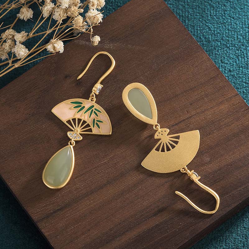 Nimara Ritual Natural Green Aventurine Fan Pattern Luck Drop Earrings