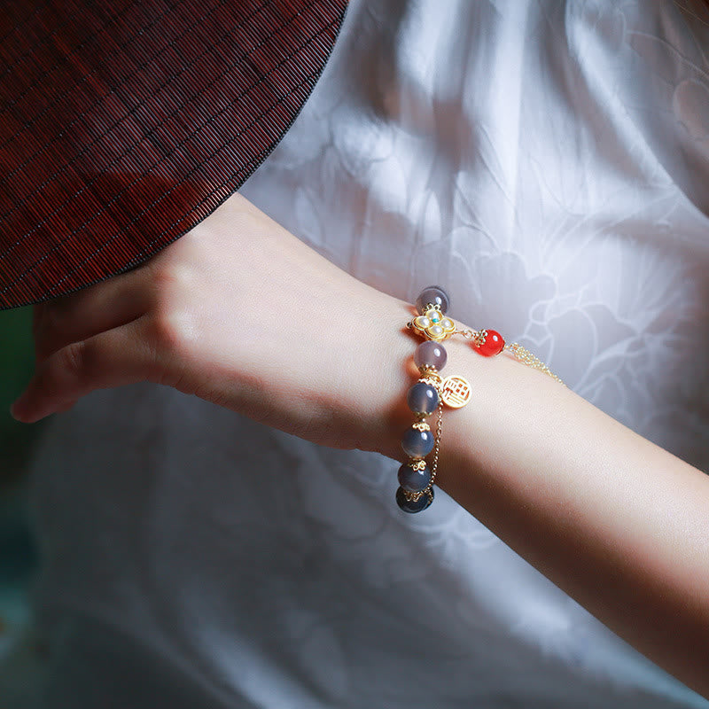 Nimara Ritual Natural Gray Agate Fu Character Pearl Tassel Balance Bracelet