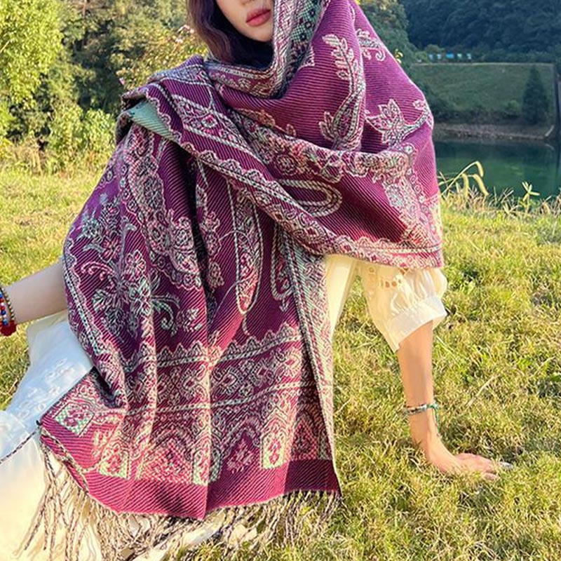 Nimara Ritual Vintage Tibetan Leaves Pattern Design Shawl Cozy Travel Scarf Wrap