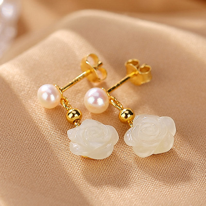 Nimara Ritual 925 Sterling Silver Plated Gold Jade Rose Flower Cyan Jade Pearl Luck Earrings