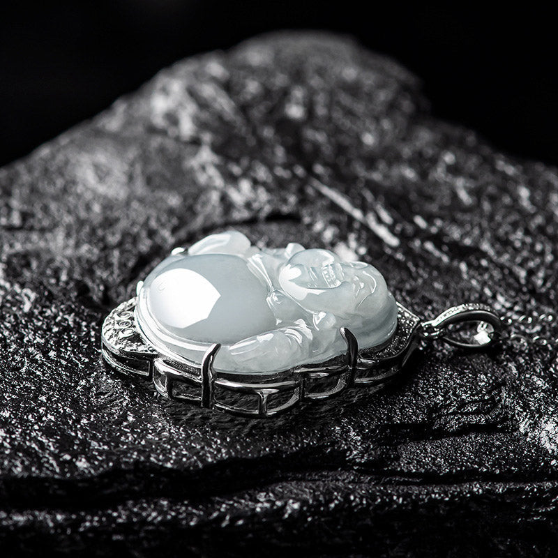 Nimara Ritual Laughing Buddha Natural Jade Abundance Titanium Steel Chain Necklace Pendant