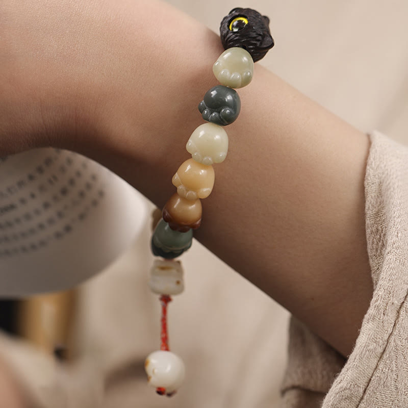 Nimara Ritual Natural Bodhi Seed Lovely Paw Ebony Wood Lucky Cat Wisdom Bracelet