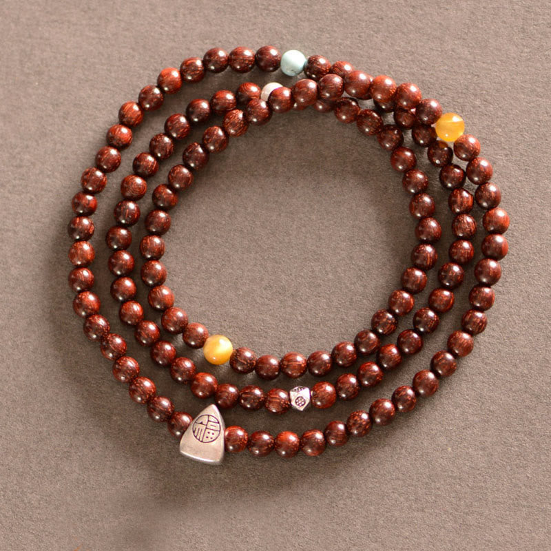 Nimara Ritual 925 Sterling Silver Indian Small Leaf Red Sandalwood Fu Character Protection Triple Wrap Bracelet
