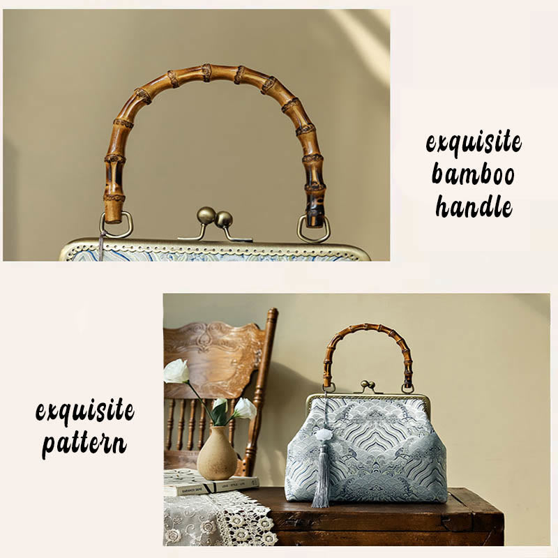 Nimara Ritual Silver Lines Bamboo Handle Metal Chain Crossbody Bag Handbags