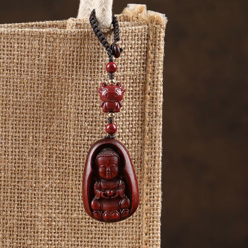 Nimara Ritual Small Leaf Red Sandalwood Buddha Cinnabar Chinese Zodiac Amulet Protection Key Chain