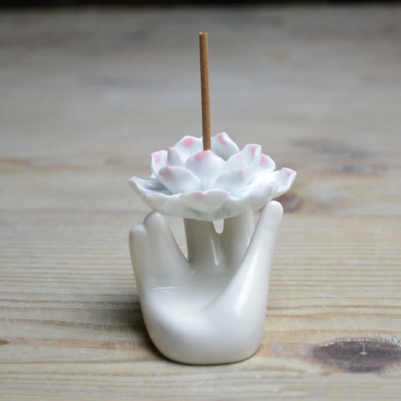 Nimara Ritual Small Ceramic Lotus Hand Healing Meditation Incense Burner Decoration