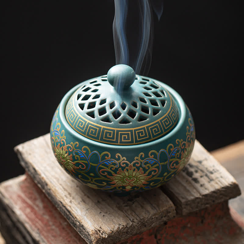 Nimara Ritual Tibetan Floral Pattern Ceramic Blessing Incense Burner Decoration