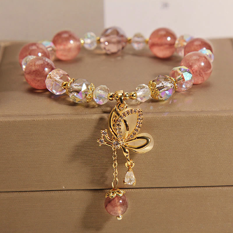 Nimara Ritual Natural Strawberry Quartz Healing Positive Butterfly Charm Bracelet