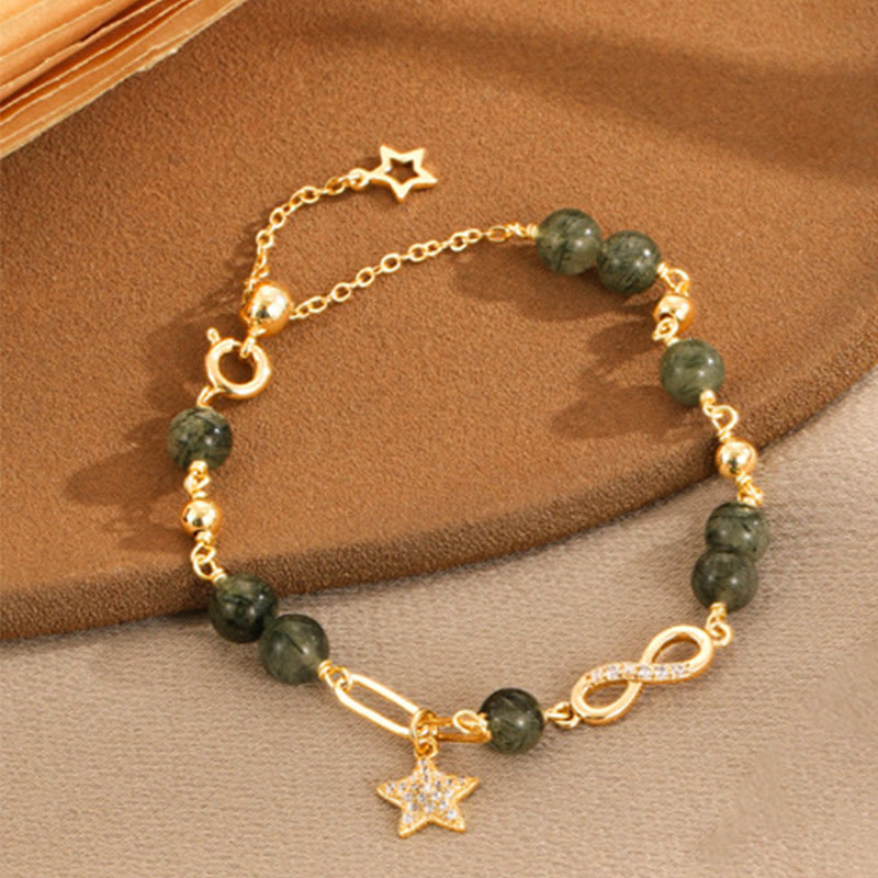 Nimara Ritual 14k Gold Plated Copper Green Rutilated Quartz MAbius Loop Eternal Love Star Protection Bracelet