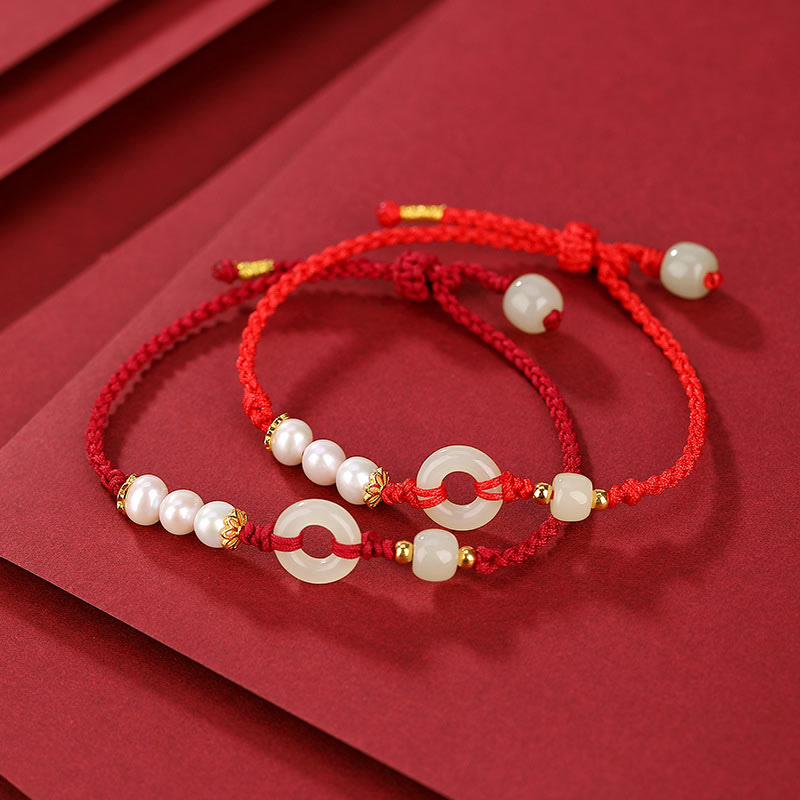Nimara Ritual 925 Sterling Silver Plated Gold Hetian Jade Peace Buckle Pearl Luck Bracelet