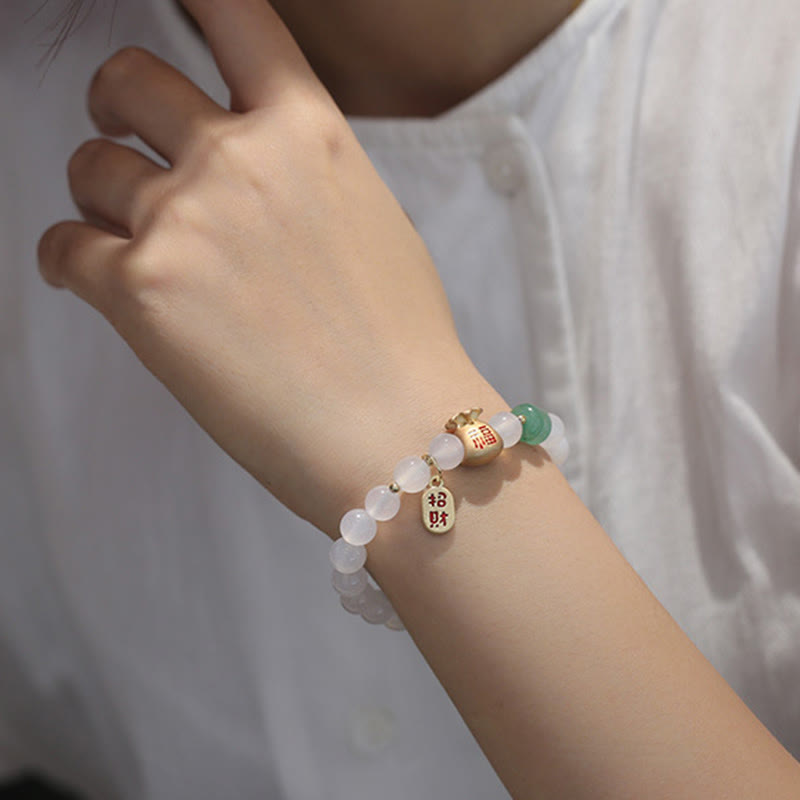 Nimara Ritual Natural White Agate Red Agate Money Bag Fu Character Four Leaf Clover Protection Bracelet