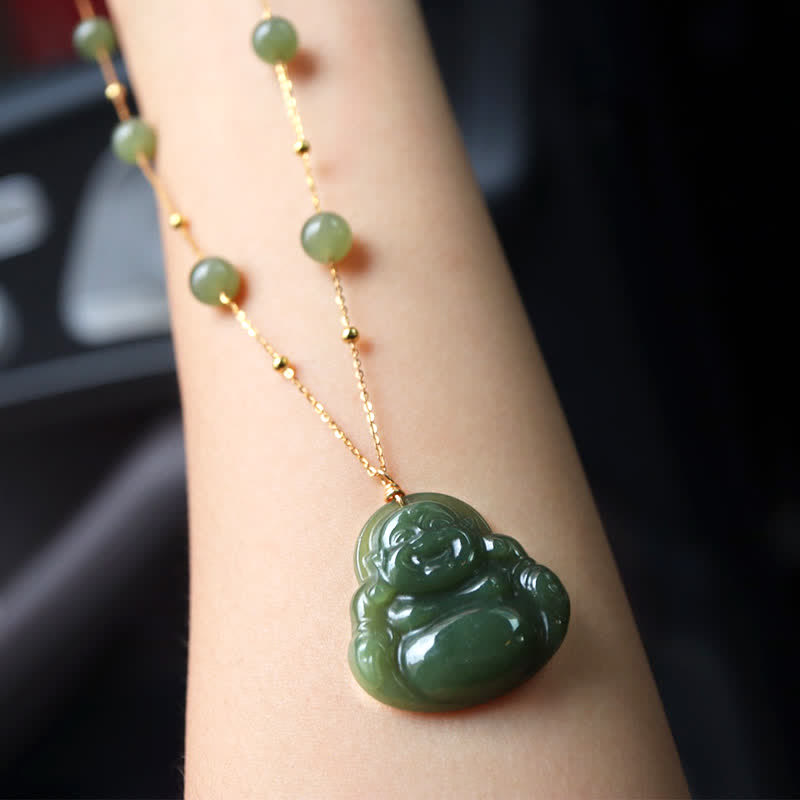Nimara Ritual Laughing Buddha Hetian Jade Luck Necklace Bead Chain Pendant