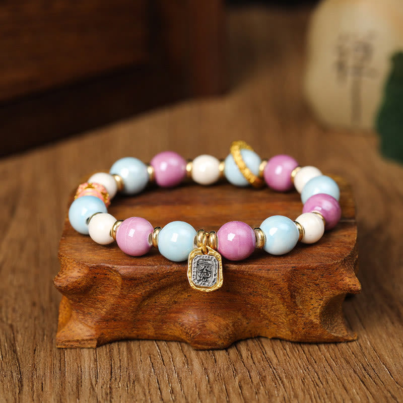 Nimara Ritual Tibetan Zakiram Goddess of Wealth Rabbit Lion Head Charm Liuli Glass Incense Ash Porcelain Bead Protection Bracelet