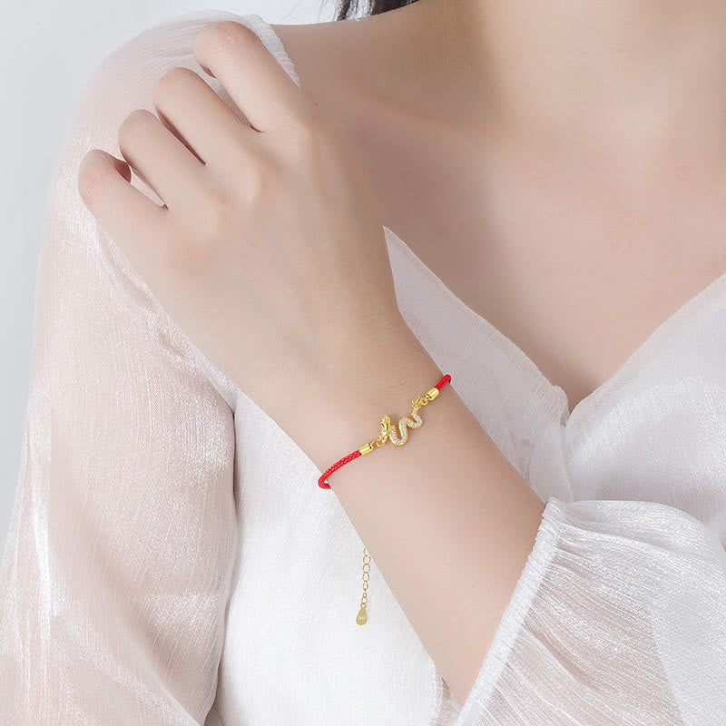 Nimara Ritual 925 Sterling Silver Year Of The Dragon Auspicious Golden Dragon Luck Red Rope Chain Bracelet