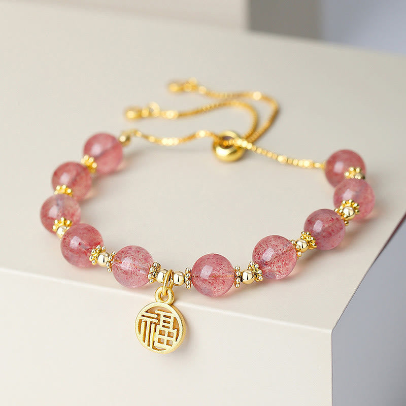 Nimara Ritual 14K Gold Plated Natural Strawberry Quartz Fu Character Positive Charm Bracelet