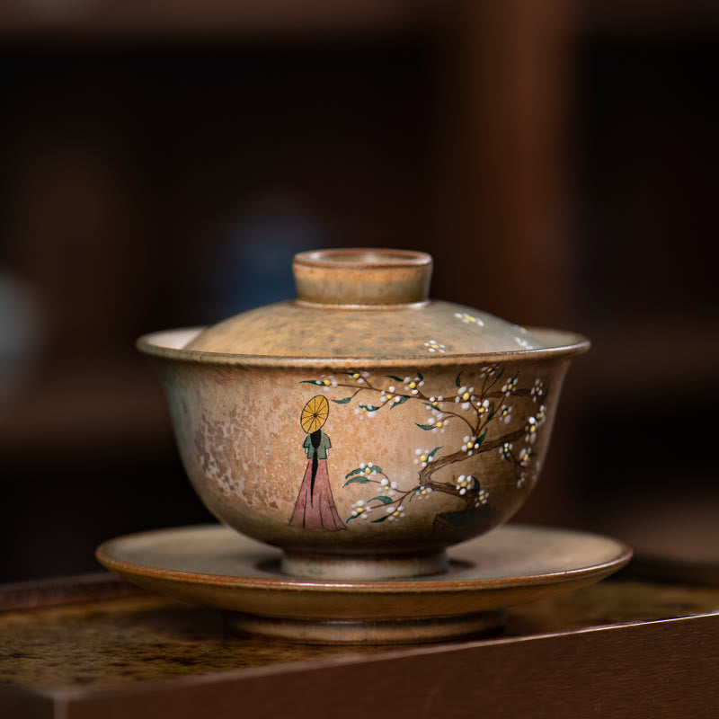 Nimara Ritual Jingdezhen Hand Painted Ru Kiln Porcelain Hanfu Girl Flower Ceramic Gaiwan Sancai Teacup Kung Fu Tea Cup And Saucer With Lid