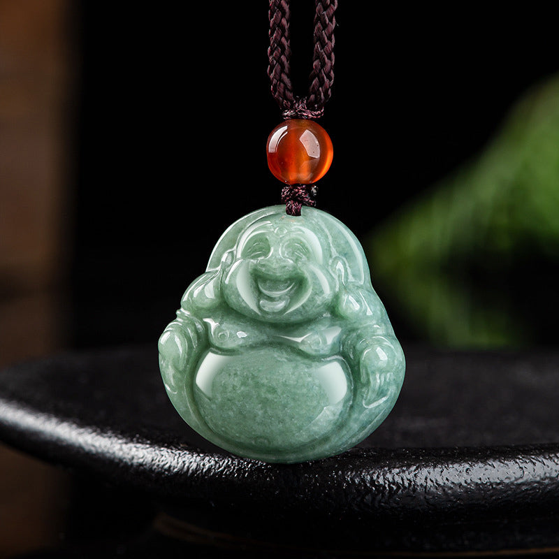 Nimara Ritual Laughing Buddha Cyan Jade Success Necklace String Pendant