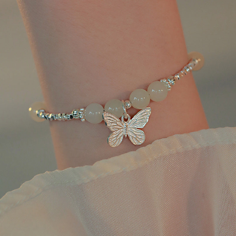 Nimara Ritual 925 Sterling Silver Natural Hetian Jade Luck Butterfly Charm Bracelet