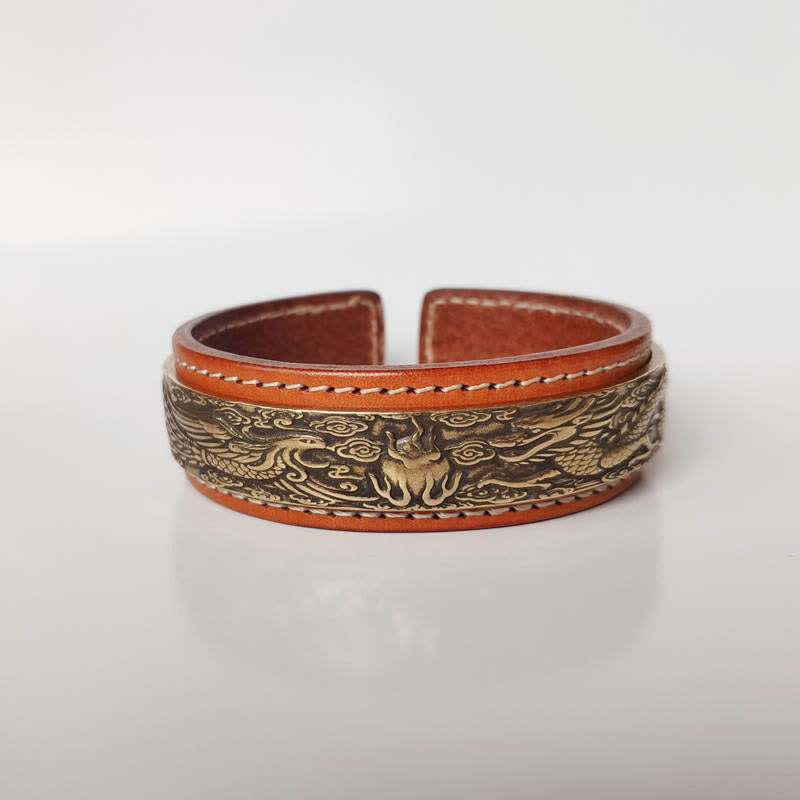 Nimara Ritual 2Pcs Om Mani Padme Hum Dragon Phoenix Copper Leather Peace Cuff Bracelet Bangle