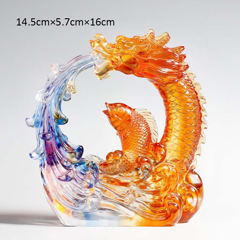 Nimara Ritual Feng Shui Dragon Koi Fish Handmade Liuli Crystal Art Piece Home Office Decoration