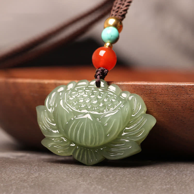 Nimara Ritual Hetian Cyan Jade Lotus Flower Success Necklace Pendant