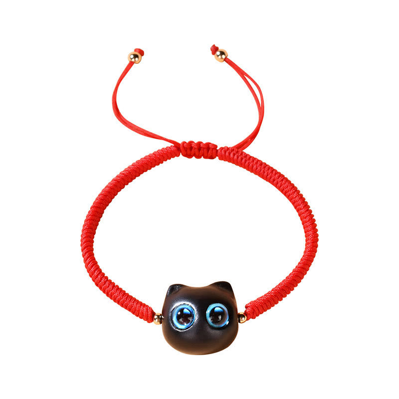 Nimara Ritual Ebony Wood Cat Head Pattern Peace King Kong Knot Braided Bracelet