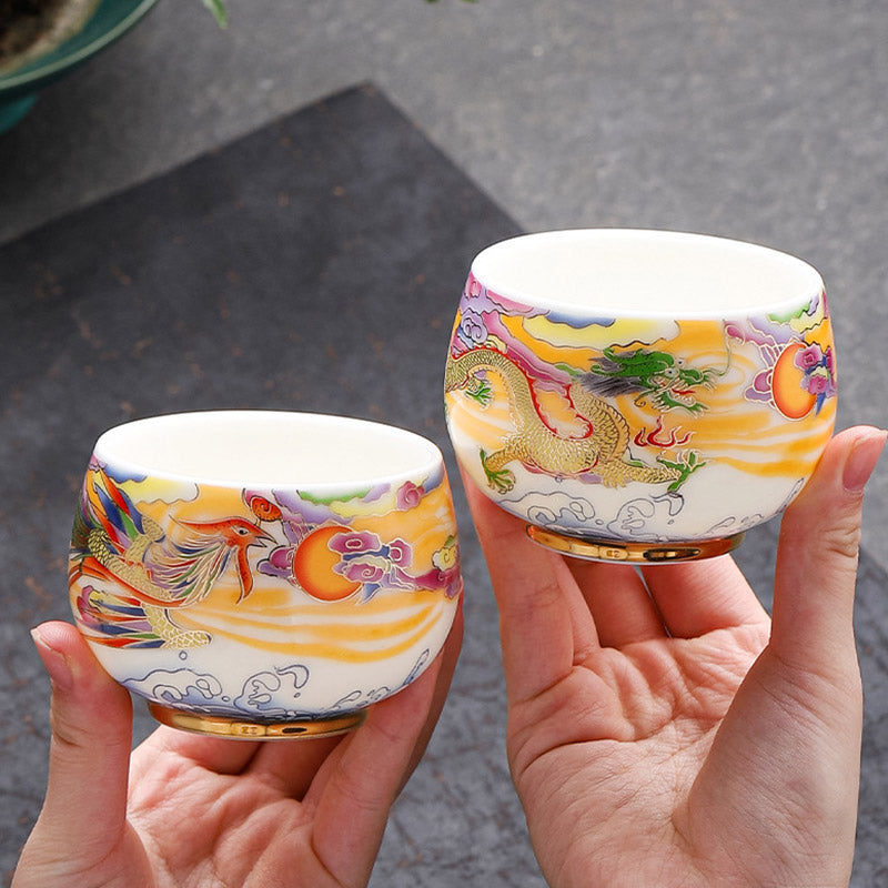 Nimara Ritual Dragon Phoenix Auspicious Clouds Sun Ocean Waves Ceramic Teacup Kung Fu Tea Cup
