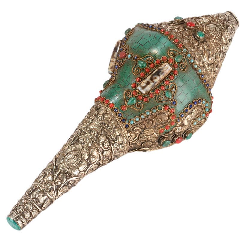 Nimara Ritual Tibetan Handmade Engraved Shankha Double Dorje Buddha Conch Shell Wealth Positive Decoration
