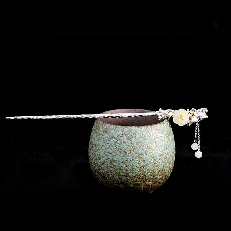 Nimara Ritual 925 Sterling Silver Hetian White Jade Flower Blessing Hairpin
