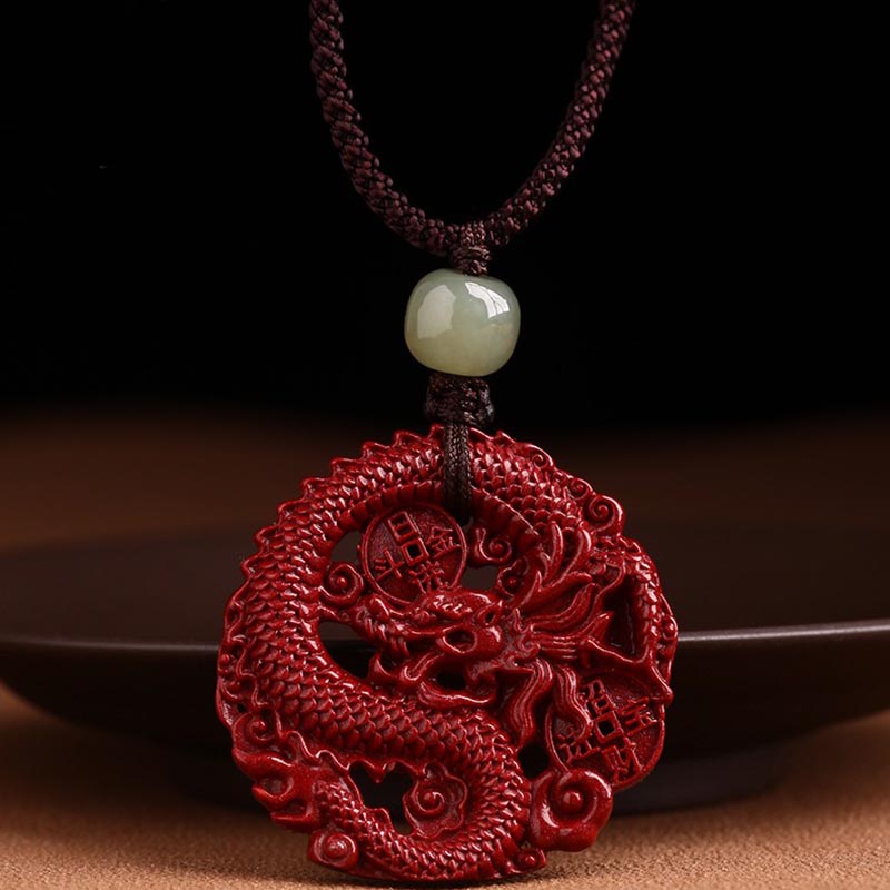 Nimara Ritual Year Of The Dragon Natural Cinnabar Hetian Jade Bead Copper Coin Attract Wealth Strength Necklace Pendant