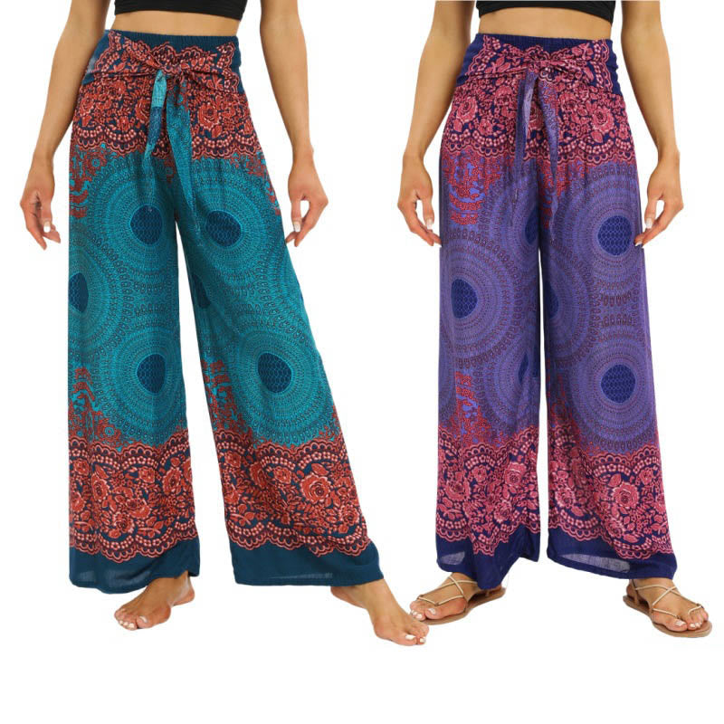 Nimara Ritual Bohemian Compass Flower Print Lace-up Wide Leg Pants Women's Yoga Pants