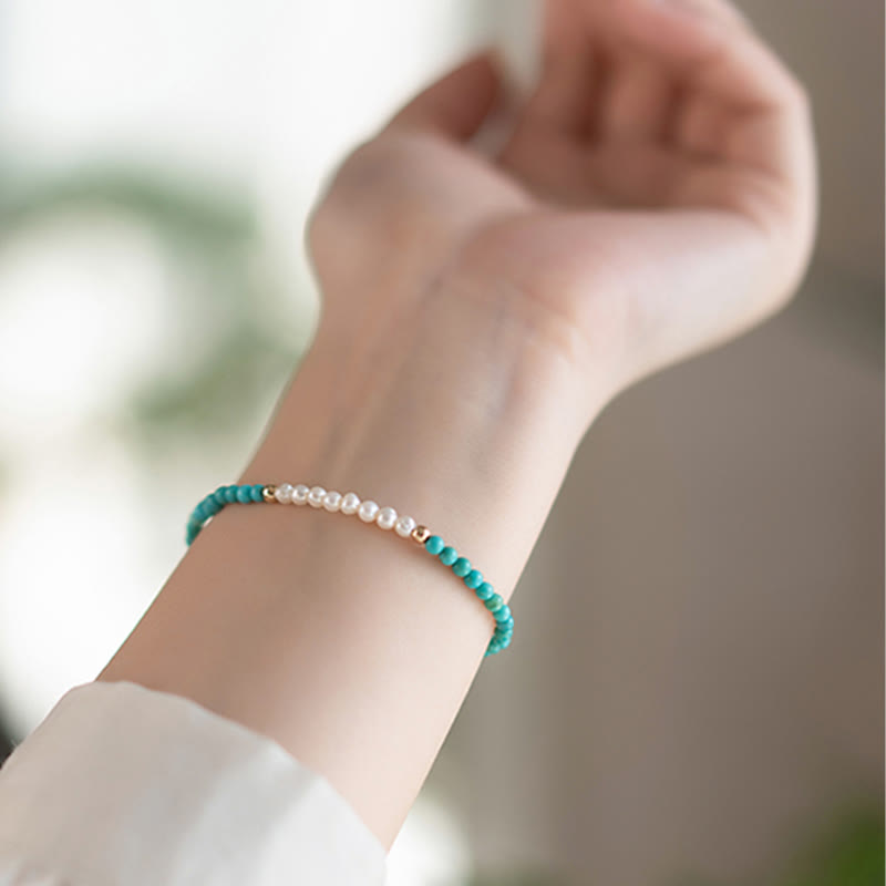 Nimara Ritual 925 Sterling Silver Natural Turquoise Pearl Beaded Bracelet
